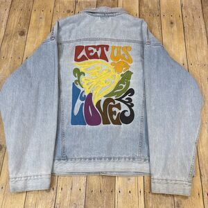 Levis Denim Jean Trucker Jacket Pride LBGT Rainbow Tab  Embroidery Let Us Love
